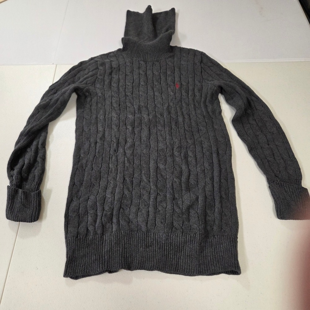 Ralph Lauren Sport Gray Cable Knit Turtleneck Sweater Pink Pony Logo Small